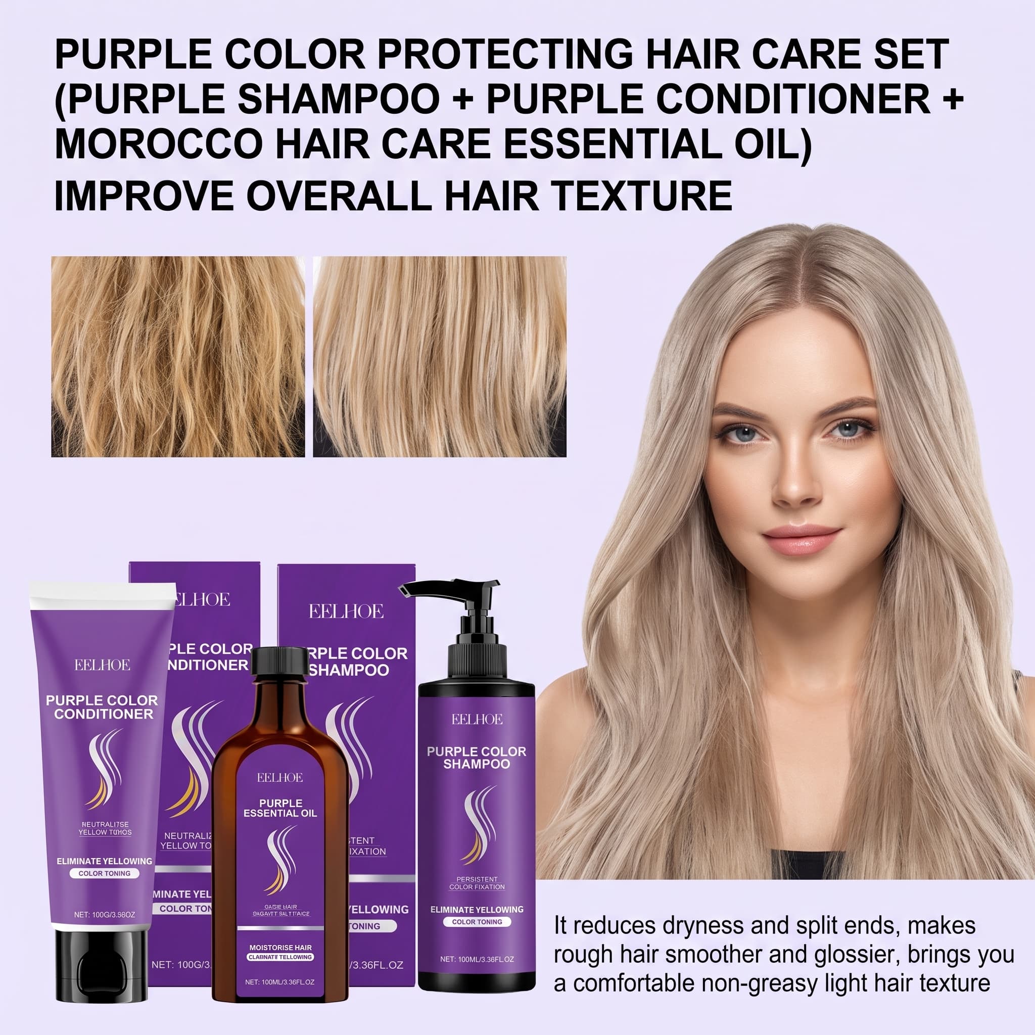 Hair Care Oil Serum - Conjunto de Shampoo Roxo com Condicionador,