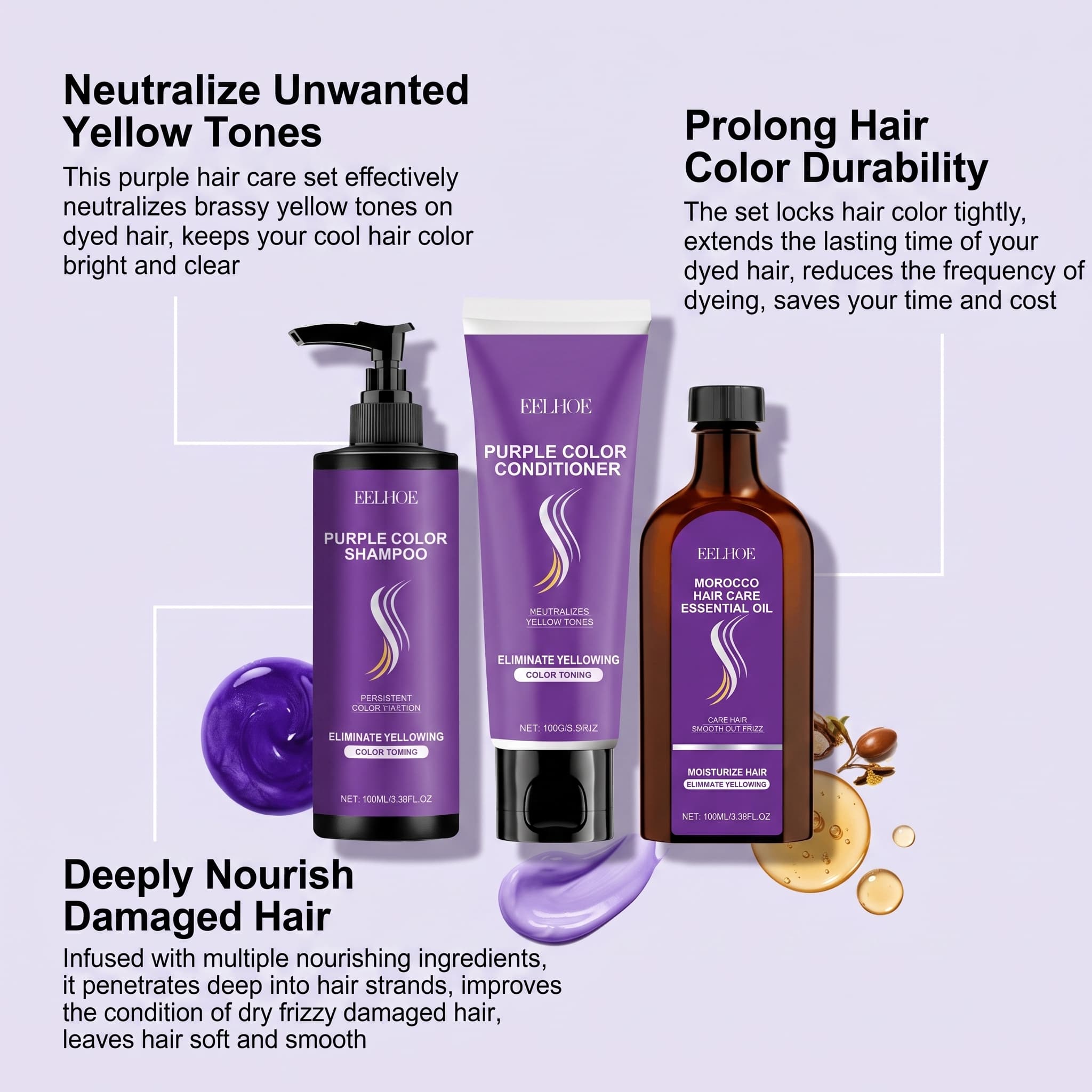 Conjunto de Shampoo Roxo com C - Hair Care Oil Serum avaliação e preço